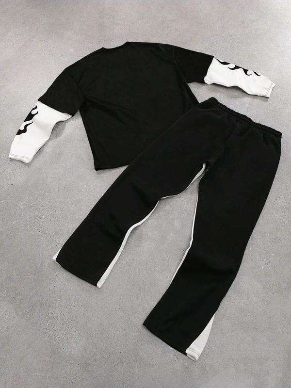 Two-Piece Set Men's Colorblock Letter Graphic 2-IN-1 Tee & Drawstring Waist Sweatpants Set, Regular Fit Street Casual Round Neck Long Sleeve Top & Elastic Waist Trousers, Men's Fall & Winter Clothes