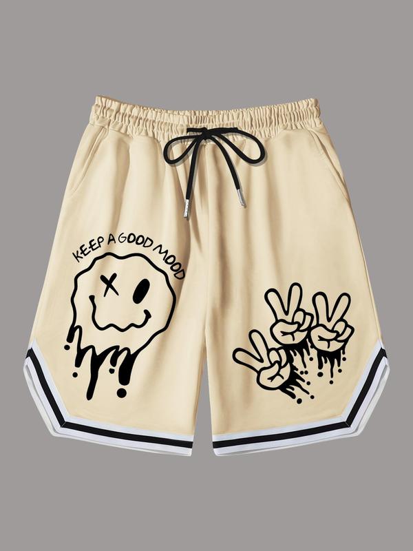 Men's Cartoon Face & Letter Print Drawstring Waist Shorts, Casual Loose Pocket Straight Leg Shorts for Daily Wear, Mens Bottoms for All Seasons