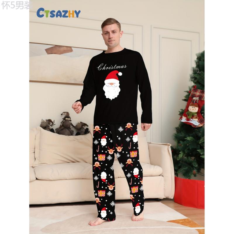 Men's Cozy Christmas Santa-Themed Pajama Set - Long Sleeve, Round Neck Top & Pants, Polyester Blend, Machine Washable - Perfect for Fall Winter Fabric Loungewear Menswear Nightwear Collar Stretch Homewear Pjs Pyjamas Sweat