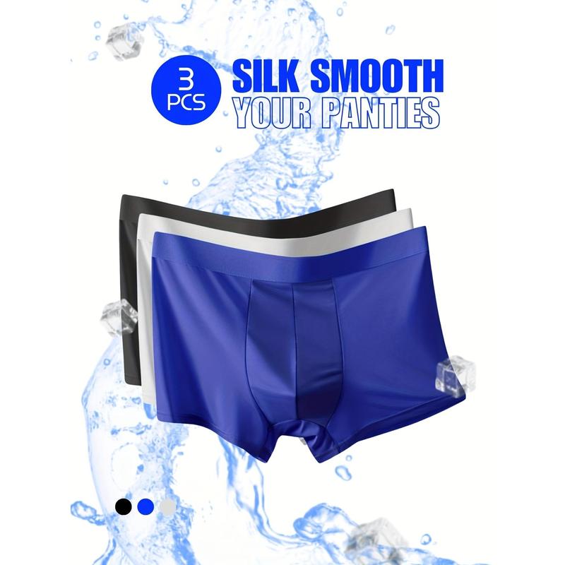 3pcs Men's SoftTouch Ice Silk Seamless Boxers Briefs - Ultra Breathable, Comfy Stretchy, Quick-Dry, Anti-Chafing, Casual Plain Color Underwear for Men - Perfect for Daily Wear, Sports, and Outdoor Activities