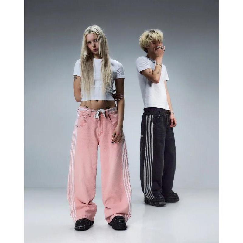 2024 New Trendy Stripe Series Oversized Jeans Women's Y2K Streetwear Hip Hop Loose Harajuku High Waist Wide Leg Pants Men's