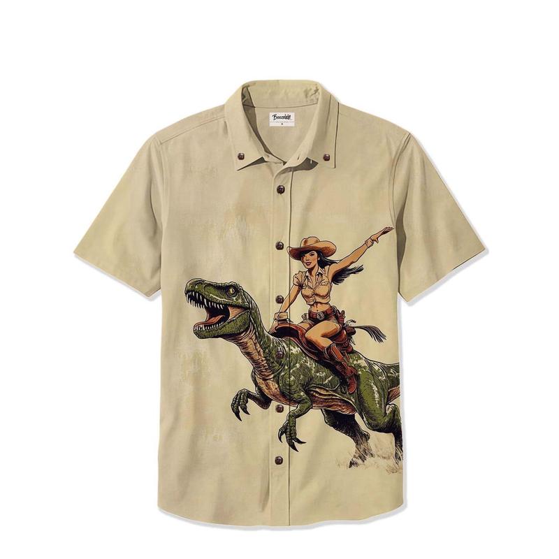 A Cowgirl Riding A Dinosaur  Casual Short Sleeve Hawaiian Shirt, Western Vintage Funny Button Down Shirt, Gift for Cowgirl