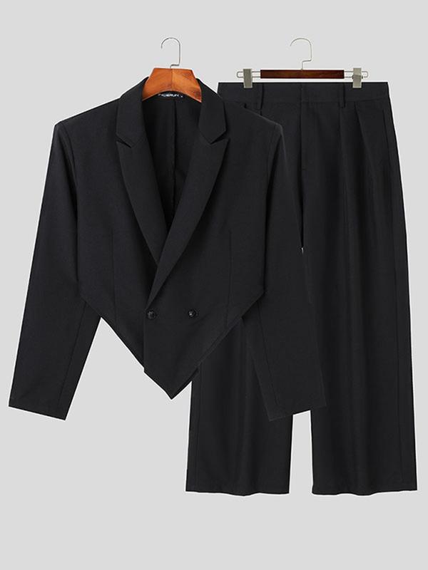 Men's Asymmetrical Button Front Blazer & Wide Leg Pants Set, Men's Designer Outfits Set, Regular Fit Elegant Lapel Neck Long Sleeve Top & High Waist Plicated Trousers, Men's Clothes for Spring & Fall