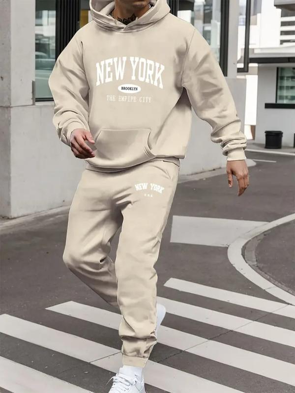 Men's New York Print Hooded Sweatsuit Set – Casual Polyester Tracksuit with Pockets for Fall & Winter Formal Formal Wear Top Menswear