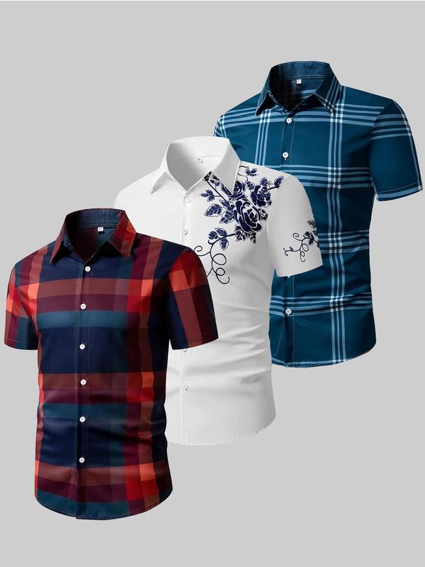 Men's Floral Plaid Graphic Button Front Shirt, Random Print Regular Fit Short Sleeve Collar Top,  Shirts for Men, Casual Comfy Woven Top for Summer