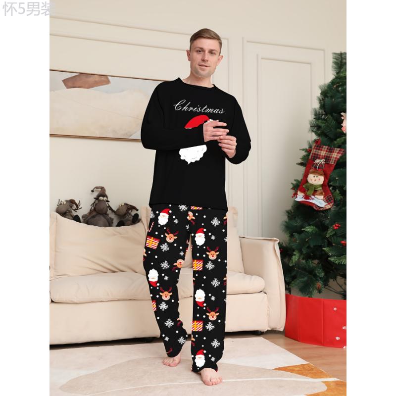 Men's Cozy Christmas Santa-Themed Pajama Set - Long Sleeve, Round Neck Top & Pants, Polyester Blend, Machine Washable - Perfect for Fall Winter Fabric Loungewear Menswear Nightwear Collar Stretch Homewear Pjs Pyjamas Sweat