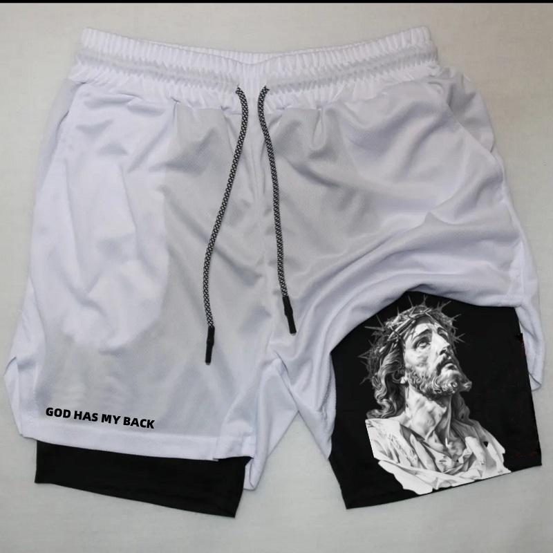 GOD HAS MY BACK Shorts Men's Cross & Letter Print 2 in 1 Drawstring Waist Shorts, Loose Casual Pocket Track Shorts for Summer, Fashion Men's Bottoms for Daily Wear gym wear