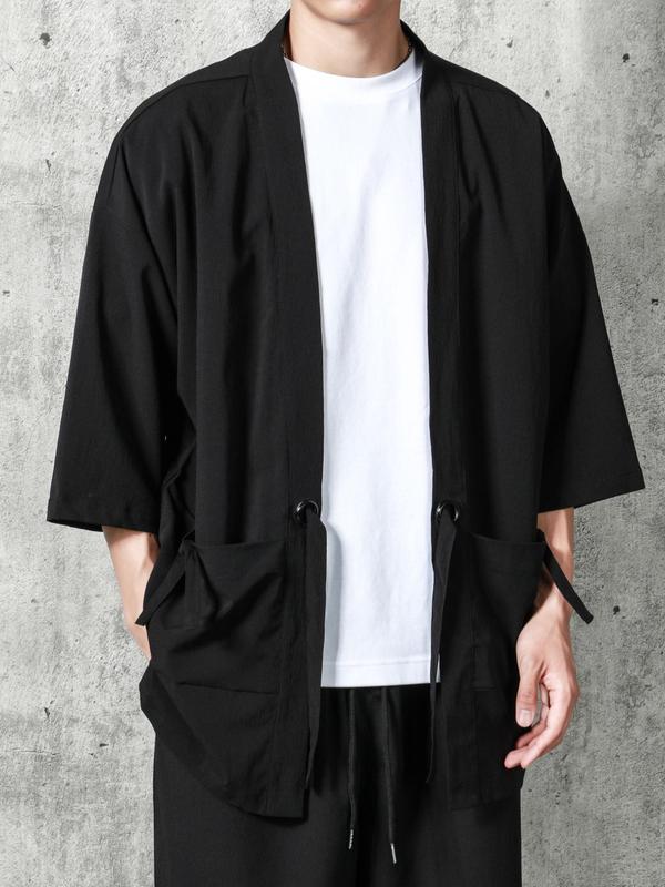 Men's Loose Solid Drop Shoulder Belted Kimono Without Tee, Summer Clothes Casual Pocket Design Top for Daily Outdoor Wear, Men's Clothes for Summer