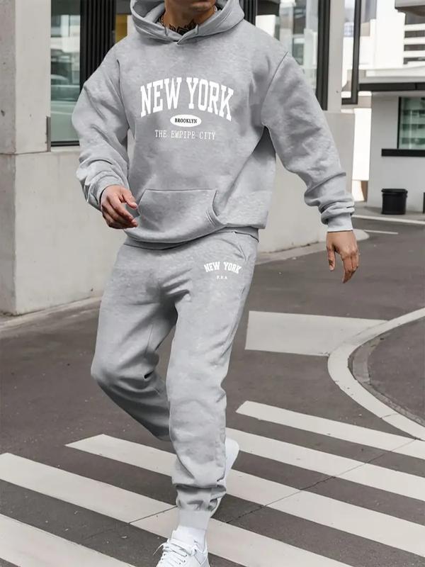 Men's New York Print Hooded Sweatsuit Set – Casual Polyester Tracksuit with Pockets for Fall & Winter Formal Formal Wear Top Menswear