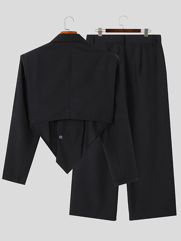 Men's Asymmetrical Button Front Blazer & Wide Leg Pants Set, Men's Designer Outfits Set, Regular Fit Elegant Lapel Neck Long Sleeve Top & High Waist Plicated Trousers, Men's Clothes for Spring & Fall