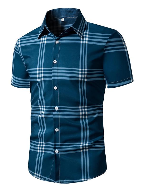 Men's Floral Plaid Graphic Button Front Shirt, Random Print Regular Fit Short Sleeve Collar Top,  Shirts for Men, Casual Comfy Woven Top for Summer