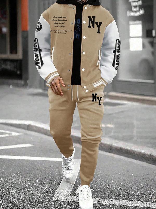 Two-piece Set Men's Colorblock Letter Print Button Front Jacket & Drawstring Waist Sweatpants, Fall Outfits, Regular Fit Casual Long Sleeve Outerwear & Pocket Jogger Pants for Daily Wear, Outfit Sets for Men, Men's Outfits for Fall