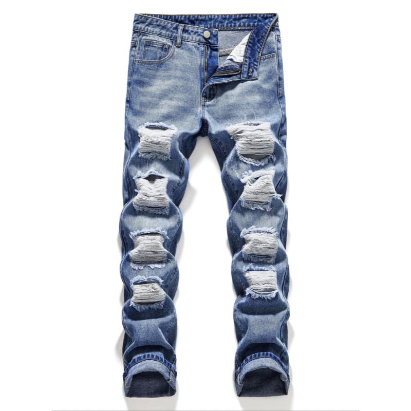 Trendy Mens Straight Leg Ripped Denim Jeans - Fashionable & Distressed Cotton Blend Pants for Spring Summer Street Style Menswear Polyester