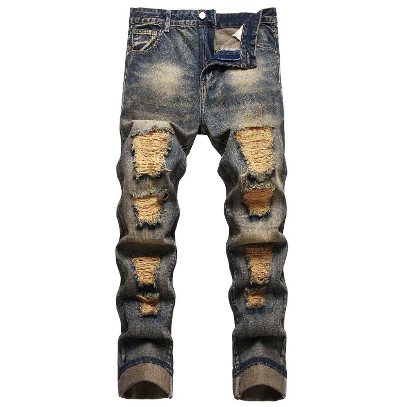 Trendy Mens Straight Leg Ripped Denim Jeans - Fashionable & Distressed Cotton Blend Pants for Spring Summer Street Style Menswear Polyester