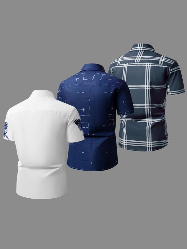 Men's Random Striped & Plaid & Animal  Print Short Sleeve Shirt, Casual Regular Fit Button Front Collar Shirt for Summer, Fashion Men's Top for Daily Wear