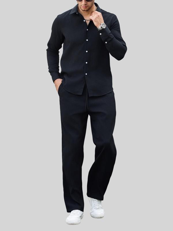 Men's Solid Button Front Shirt & Drawstring Waist Pants Set, Regular Fit Casual Long Sleeve Collared Top & Pocket Trousers, Men's Two-piece Outfits for All Seasons