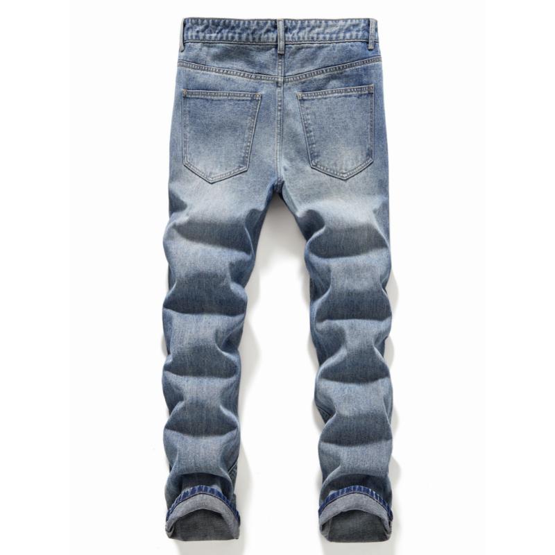 Trendy Mens Straight Leg Ripped Denim Jeans - Fashionable & Distressed Cotton Blend Pants for Spring Summer Street Style Menswear Polyester