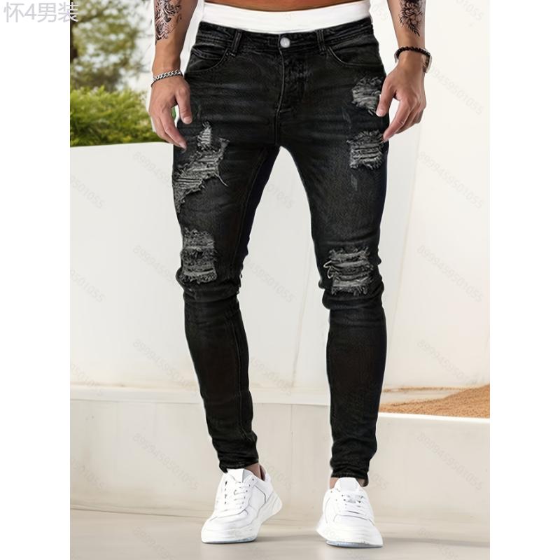 Slim Fit Ripped Jeans, Men's Casual Street Style Distressed Medium Stretch Denim Pants Menswear Spandex