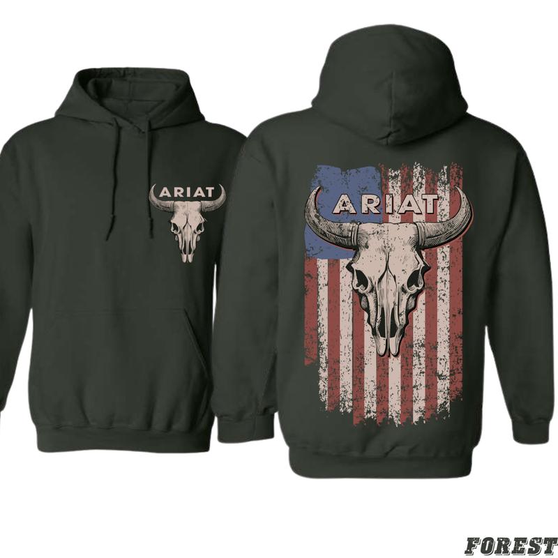 Patriotic Ariat Hoodie - Iconic Bull Skull with Vintage American Flag Design, Ideal for Country and Western Enthusiasts, Unisex Fit