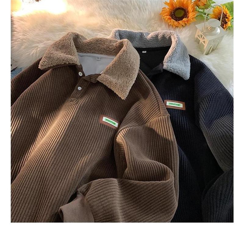 2024 Corduroy Polo collar sweater couple autumn and winter style plus velvet thickened simple fashion lamb wool coat