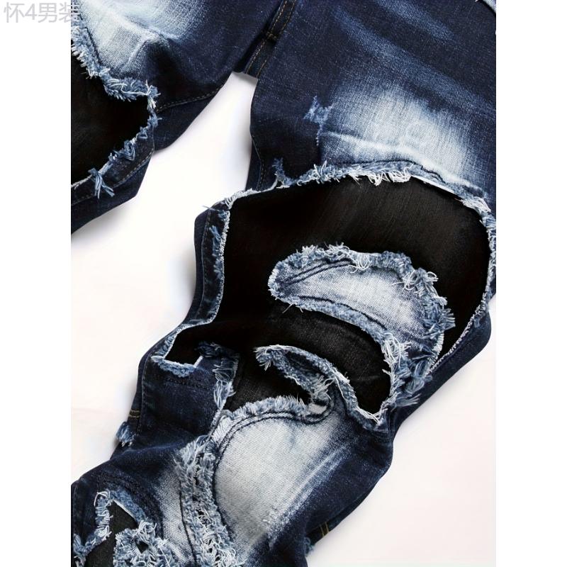 Distressed Men's Denim Jeans, Fashionable Design Pants With Ripped Pieces And Raw Trims For Trendy Street Wear Menswear Casual Stretch Trouser