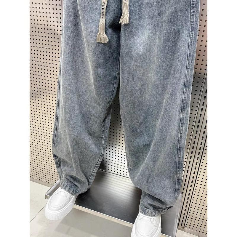 Stylish Men's Wide-Leg Jeans with Drawstring Waistband for All Seasons - Menswear Pants Trouser