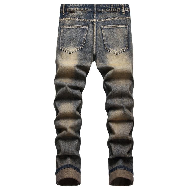 Trendy Mens Straight Leg Ripped Denim Jeans - Fashionable & Distressed Cotton Blend Pants for Spring Summer Street Style Menswear Polyester