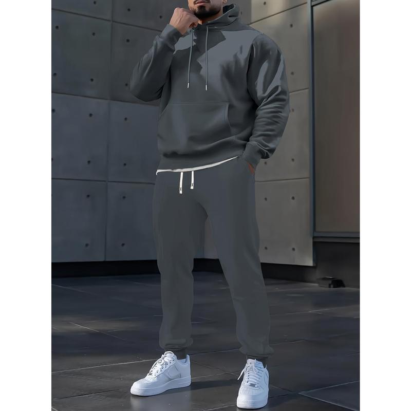 Men's Casual Sports Suit-Long Sleeve Hoodie with Drawstring Sweatpants, Solid Color, Polyester Blend, Machine Washable-Perfect Choice for Spring and Autumn Season Clothing Menswear