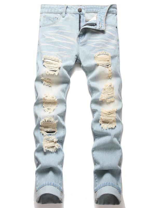 Men's Distressed Bleach Wash Jeans - Fashionable Ripped & Frayed Edges, Slim-Fit Cotton Denim Menswear Aesthetics Athletic