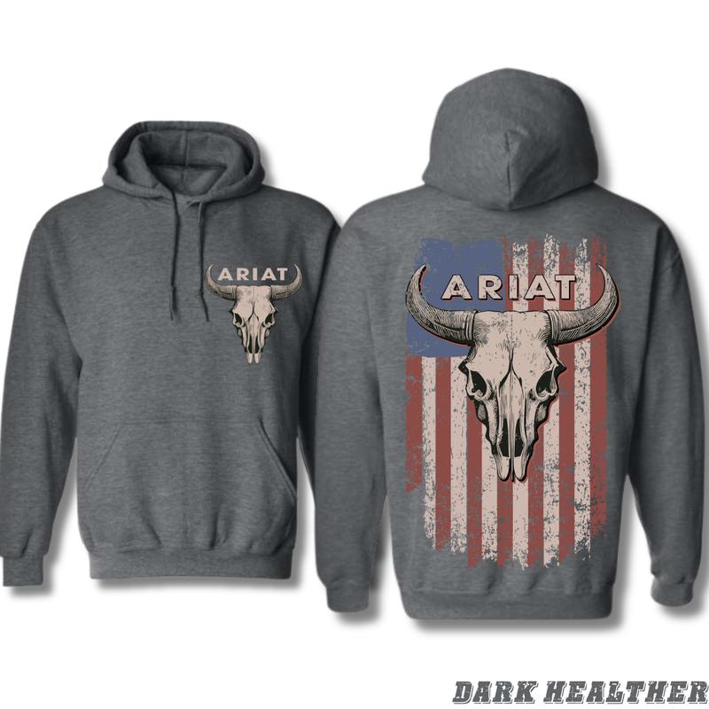 Patriotic Ariat Hoodie - Iconic Bull Skull with Vintage American Flag Design, Ideal for Country and Western Enthusiasts, Unisex Fit