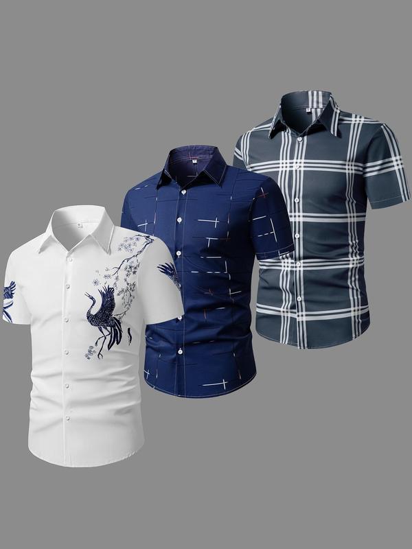 Men's Random Striped & Plaid & Animal  Print Short Sleeve Shirt, Casual Regular Fit Button Front Collar Shirt for Summer, Fashion Men's Top for Daily Wear