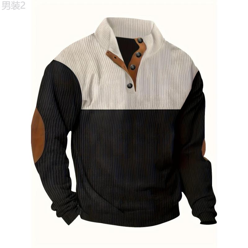 Men's Contrast Color Long Sleeve And Stand Collar Henley Shirt With Patchwork Pieces, Chic And Trendy Tops For Spring And Autumn Outdoors Leisurewear Casual Fabric Casual Fabric Menswear Stretch Menswear Stretch Knife Longsleeves formal shirt