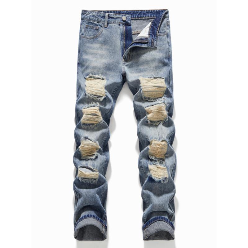 Trendy Mens Straight Leg Ripped Denim Jeans - Fashionable & Distressed Cotton Blend Pants for Spring Summer Street Style Menswear Polyester