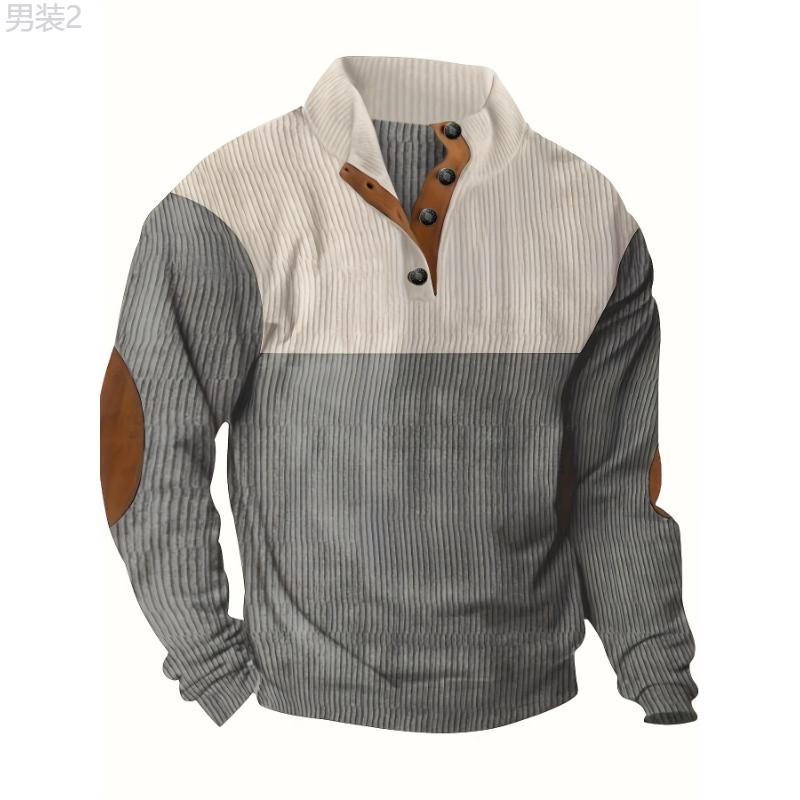 Men's Contrast Color Long Sleeve And Stand Collar Henley Shirt With Patchwork Pieces, Chic And Trendy Tops For Spring And Autumn Outdoors Leisurewear Casual Fabric Casual Fabric Menswear Stretch Menswear Stretch Knife Longsleeves formal shirt