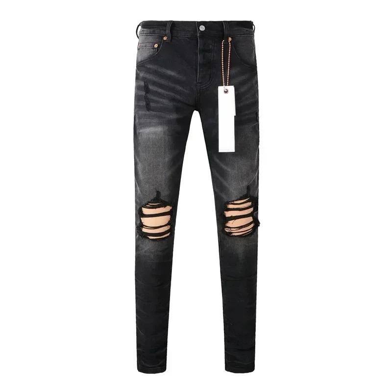 2024 Purples Jeans Men Fashion brand high quality High Street Black Hole Repair Low Rise Skinny Denim pants