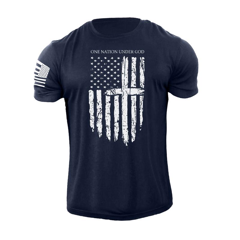 Men's One Nation Under God USA Flag T-shirt American Patriotic 100% Cotton Graphic Tee Casual Crewneck Fabric Menswear