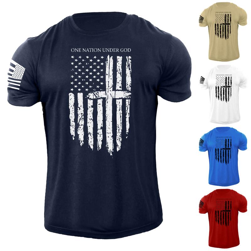 Men's One Nation Under God USA Flag T-shirt American Patriotic 100% Cotton Graphic Tee Casual Crewneck Fabric Menswear