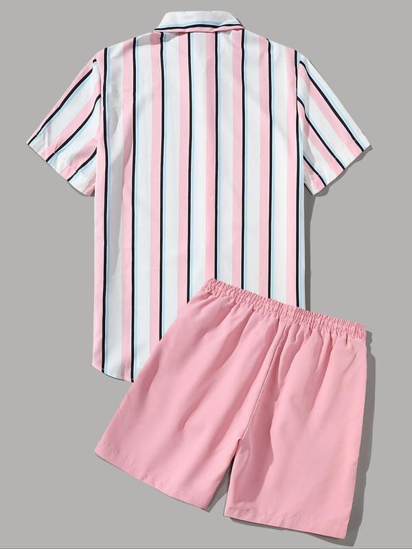 Two-Piece Set Men's Striped Pocket Shorts Set, Fashion Streetwear Button Down Shirt & Drawstring Shorts, Summer Clothes, Street Trendy Men Clothes Set, Men's Clothing