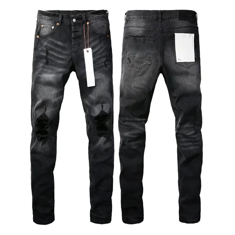 2024 Purples Jeans Men Fashion brand high quality High Street Black Hole Repair Low Rise Skinny Denim pants