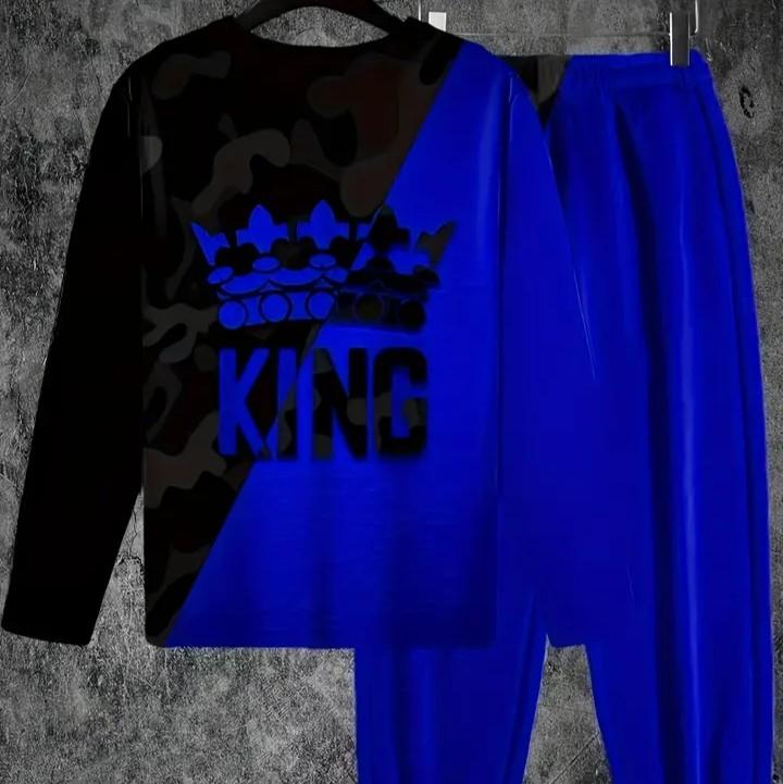 KING Crown Print Men's Color Block Sweatshirt and Sweatpants Set for Autumn Winter - Menswear, Customized unisex hoodie