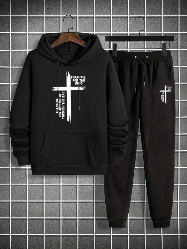 Men's Cross Print Pocket Hoodie & Drawstring Waist Sweatpants Set, Casual Long Sleeve Hooded Top & Jogger Pants, Men's Fall & Winter Clothes