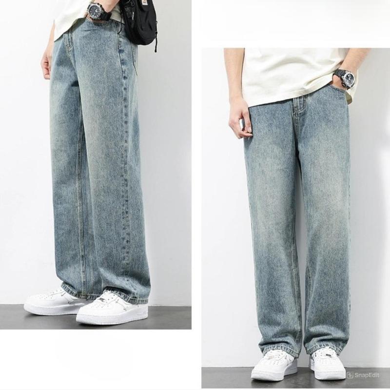 Men's Blue Retro Baggy Jeans - High-Waisted, Wide-Leg, Casual Denim - 2024 Trendy Design - Dress, Trouser Menswear Pants Shirt Plain