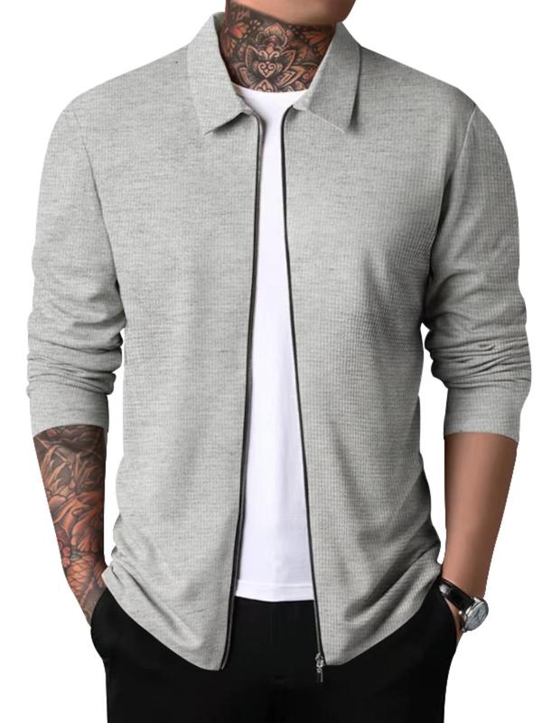 Men's Solid Color Zip Up Waffle Jacket, Regular Fit Casual Long Sleeve Collared Outerwear for Spring & Fall, Fashion Men's Clothes for Daily Wear