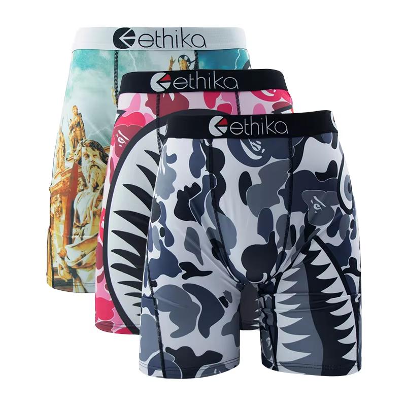 3 Packs of ETHIKA shark print briefs, fashionable printed boxer briefs, summer breathable and comfortable large size boxer briefs, quick-drying stretch sports fitness boxer briefs Menswear