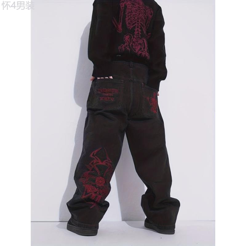 Men's Casual Skeleton Embroidery Halloween Y2k Street Style Denim Jeans Menswear Polyester Trouser Streetwear