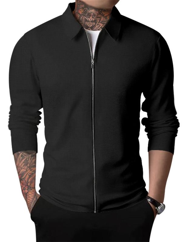 Men's Solid Color Zip Up Waffle Jacket, Regular Fit Casual Long Sleeve Collared Outerwear for Spring & Fall, Fashion Men's Clothes for Daily Wear