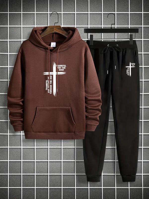 Men's Cross Print Pocket Hoodie & Drawstring Waist Sweatpants Set, Casual Long Sleeve Hooded Top & Jogger Pants, Men's Fall & Winter Clothes