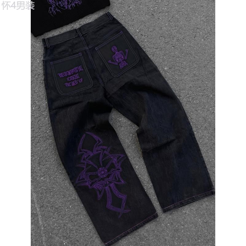 Men's Casual Skeleton Embroidery Halloween Y2k Street Style Denim Jeans Menswear Polyester Trouser Streetwear