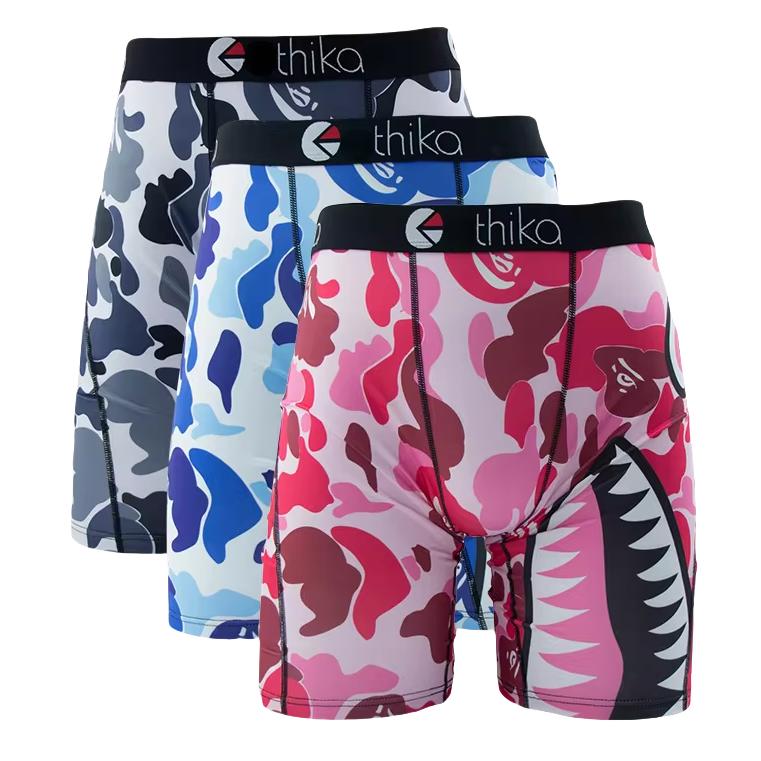 3 Packs of ETHIKA shark print briefs, fashionable printed boxer briefs, summer breathable and comfortable large size boxer briefs, quick-drying stretch sports fitness boxer briefs Menswear