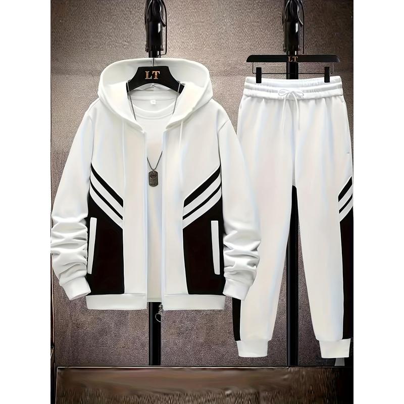 Casual Polyester Men's Hooded Tracksuit Set with Pocket Detail, Solid Color Long Sleeve Knit Fabric Outfit with Slight Stretch, Regular Fit Hoodie and Pants Set